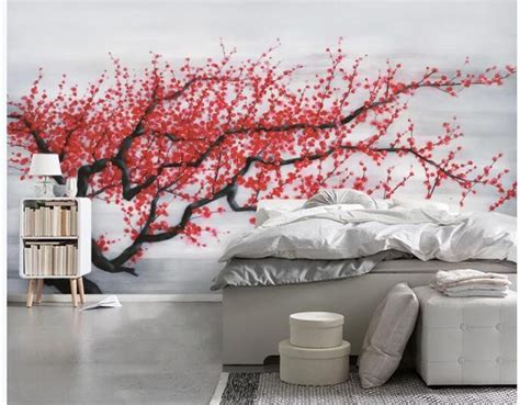 Abstract One Large Red Cherry Blossom Tree Floral