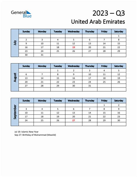 Q3 2023 Quarterly Calendar With United Arab Emirates Holidays