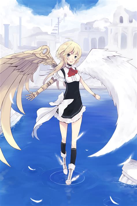 safebooru 1girl angel angel wings asymmetrical wings bangle blonde hair borrowed character bow