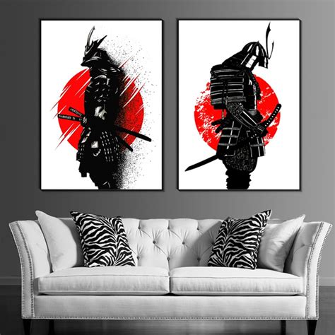 Japanese Style Ancient Samurai Painting Modern Black White Red Art