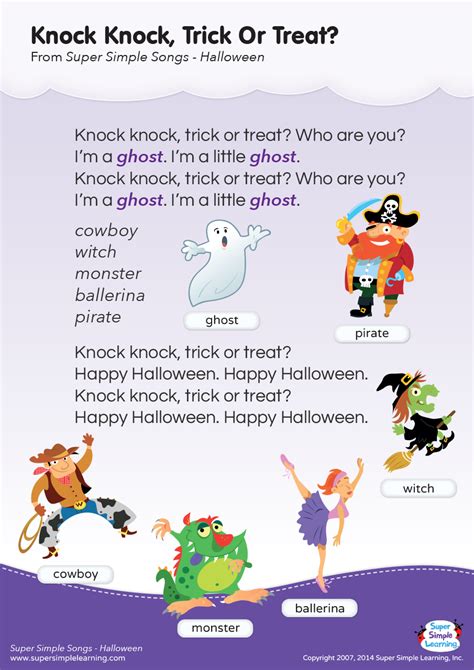 Knock Knock Trick Or Treat Lyrics Poster Super Simple Preschool