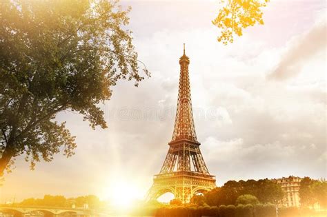 Romantic Sunset Background Eiffel Tower With Boats On Seine River In