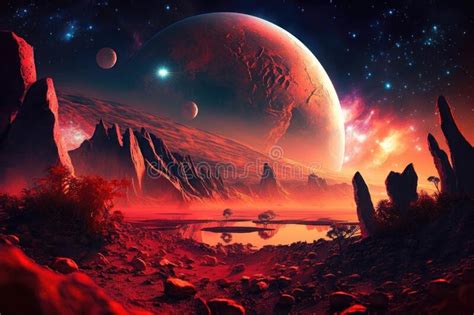 Alien Planet A Fantasy Landscape With Red Skies And Stars Ai