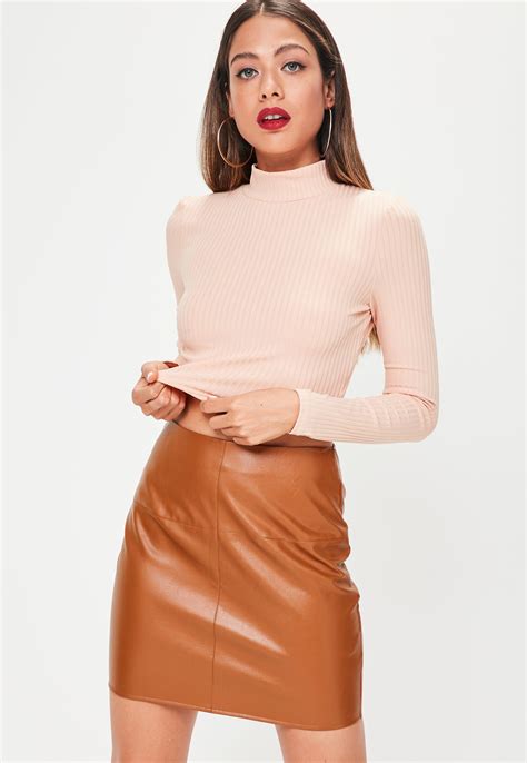 Lyst Missguided Tan Faux Leather Mini Skirt In Brown