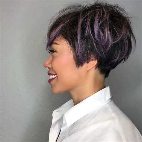 All Sizes Messy Graduated Pixie On Black Hair With Purple Highlighted
