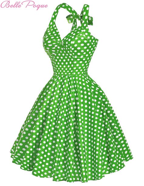 Belle Poque Stock Halter Cotton Vintage 50s Retro Swing Green Polka Dots Party Dress Bp000013 8