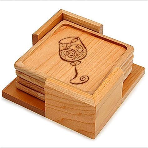 Wine On Glass Personalized Coaster Set Square Wood Coaster Set