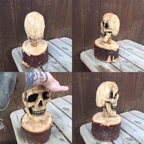 Skull Chainsaw Carving, Wood Carving, Spooky Sculpture, Handmade 