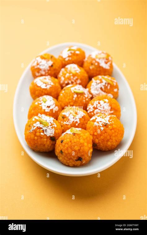Indian Sweet Motichoor Laddoo Or Bundi Laddu Made Of Gram Flour Very Small Balls Or Boondis
