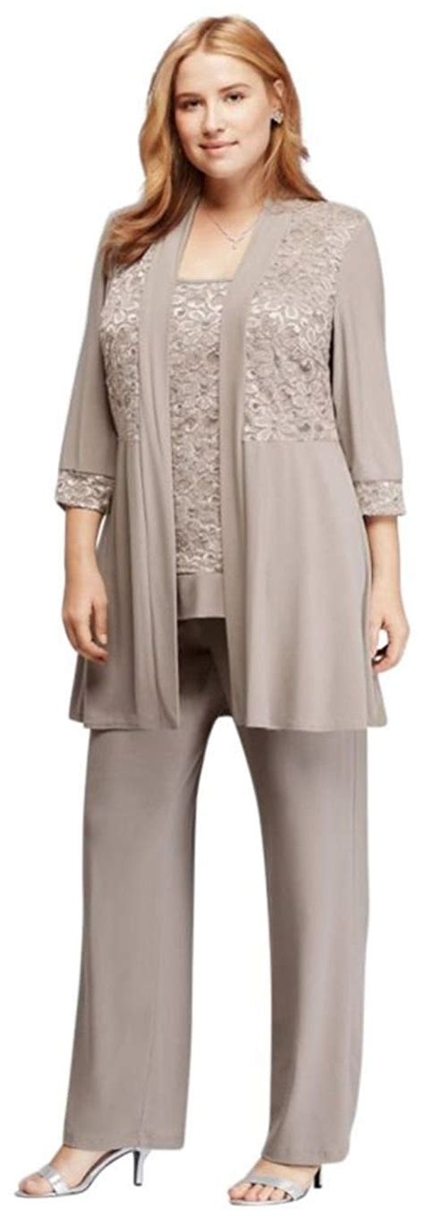 Plus Size Mock Two Piece Lace And Jersey Pant Suit Style 7772w Mocha