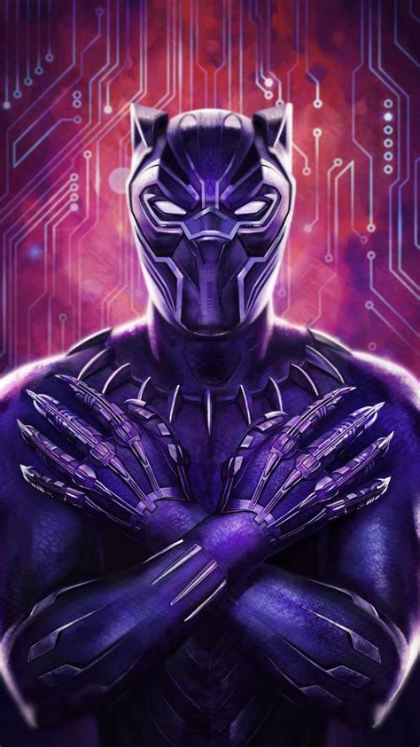 The Black Panther In Front Of An Electronic Circuit Background With His Arms Crossed And Hands