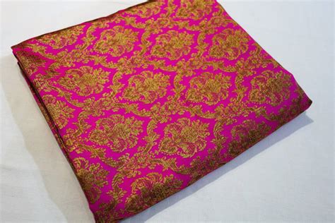 hot-pink-art-silk-fabric-vintage-gold-brocade-fabric-wedding-gown-fabric-evening-gown-fabric
