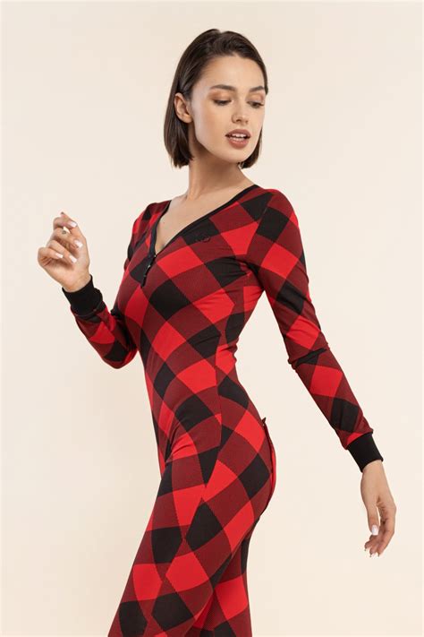 Sexy Pyjama Jumpsuit With Butt Flap Ladies Sleepsuit Onezee Black Red Checkered Womens Clothing