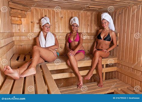 Three Women Relaxing A Hot Sauna Stock Photos Image 21679553