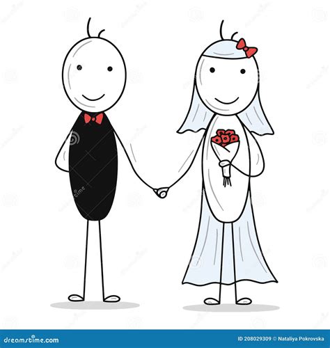 Happy Just Married Couple Of Stick Figures People Holding Hands Bride With A Bouquet Of Red
