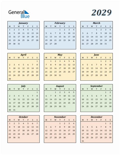 2029 Yearly Calendar Templates With Monday Start