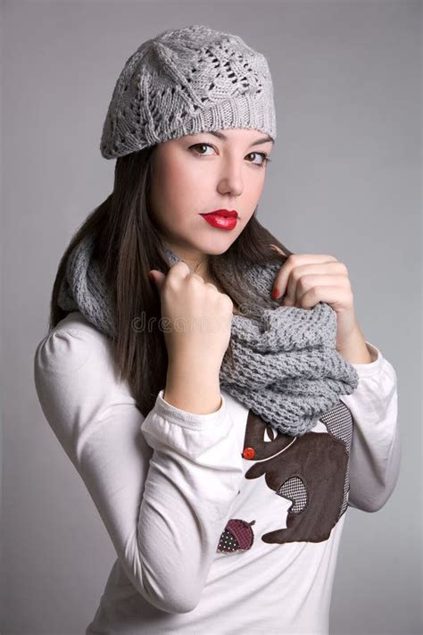 Winter Girl Portrait With Scarf And Hat Stock Image Image Of Studio