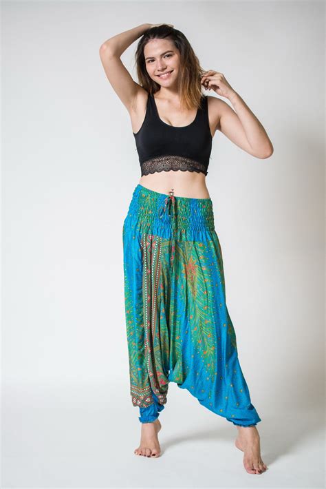 Peacock Feathers 2 In 1 Jumpsuit Harem Pants In Turquoise
