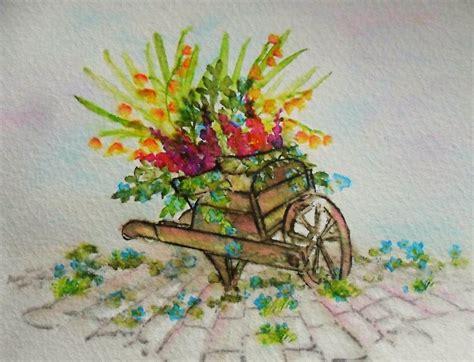 Artful Evidence Watercolour Wheelbarrow Of Flowers