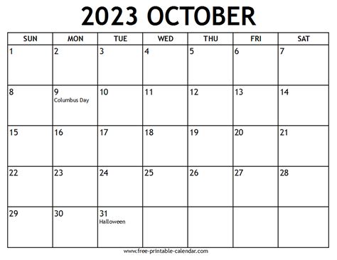 October Calendar Printable 2023 Calendar 2023