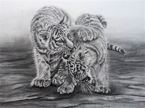 Tiger Cubs Original Pencil Drawing Animal Art Home Decor