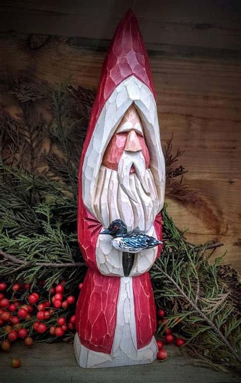 Carved Wooden Santa With Loon Hand Carved Santa Stnick Santa Etsy Santa Carving Wooden