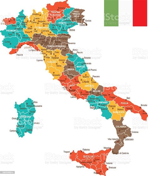 Detailed political map of italy with roads, rivers and major cities. Colored Italy Map - Immagini vettoriali stock e altre ...
