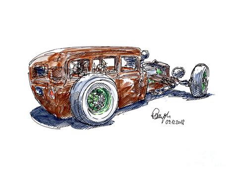 American Hot Rod Custom Car Ink Drawing And Watercolor Drawing By Frank
