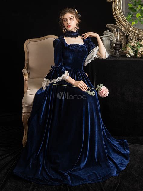 Victorian Dress Costumes Womens Velour Dark Navy Short Sleeves Square