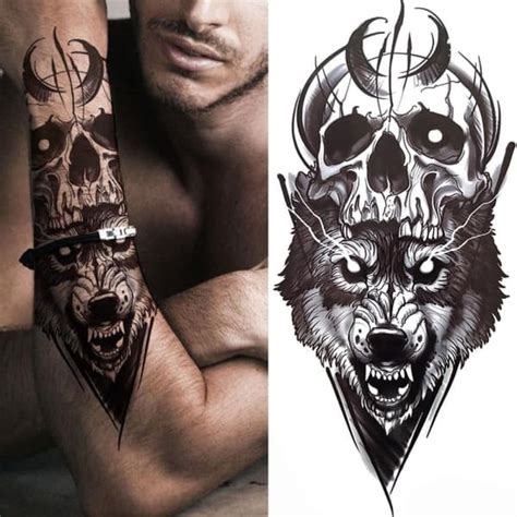 Wolf And Skull Temporary Tattoo Crewskull