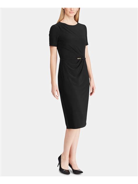 RALPH LAUREN Womens Black Short Sleeve Jewel Neck Midi Sheath Dress