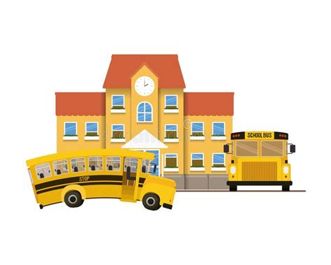 School Building Of Primary With Bus In Landscape Stock Vector
