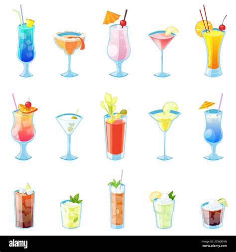 Tropical Alcohol Cocktails Vector Illustration Set Of Isolated