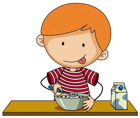 Little Boy Having Cereal With Milk Free Vector