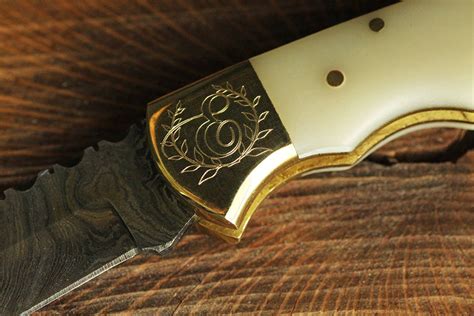 Damascus Pocket Knife Engraved Bone Handle Damascus Knife Etsy