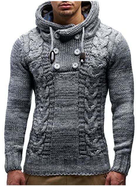 Winter Turtleneck Knitted Sweater For Men Solid Long Sleeve Pullover Tops With Button Drawstring