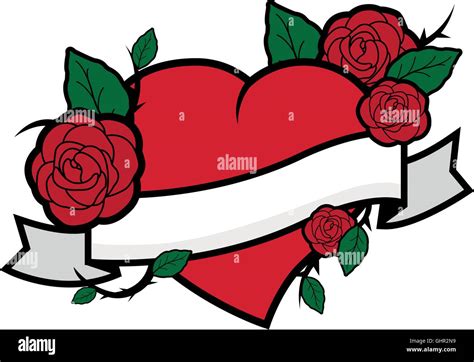 Vector Illustration Of Tattoo Style Roses On A Red Heart And Ribbon