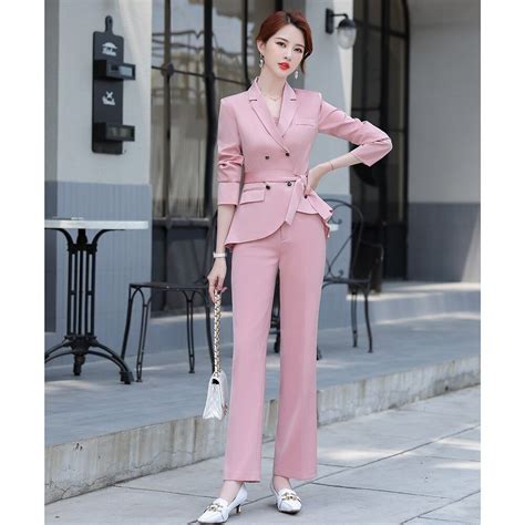 Pink Elegant Jacketpants Womens Business Suit Female Office Uniform