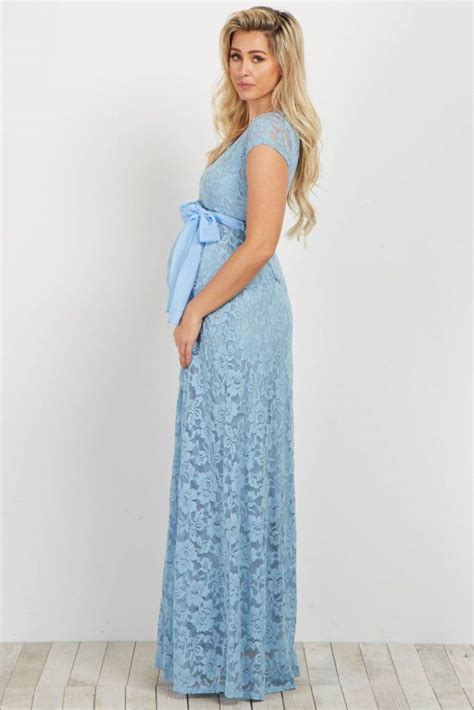 Burgundy Lace Sash Tie Maternity Gown Light Blue Maternity Dress