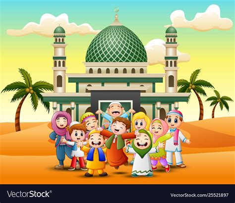 Happy Muslim Kids Cartoon In Front A Mosque Vector Image