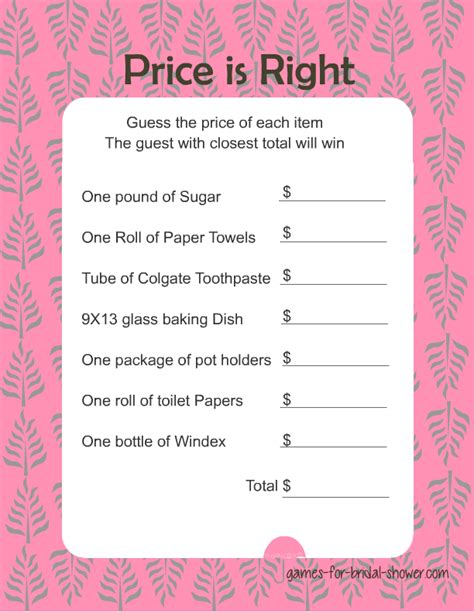 Bridal Shower Games Free To Print Free Printable Price Is Right Game