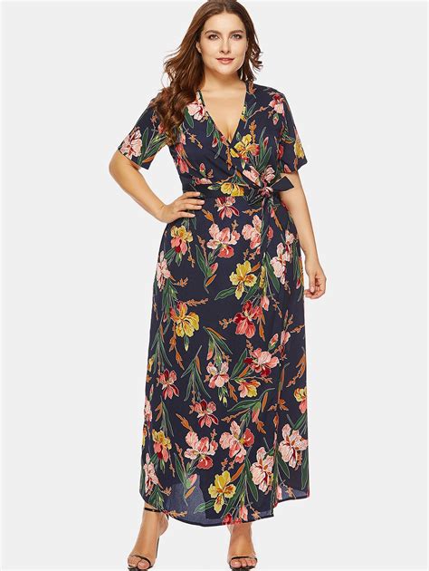 Wipalo Women Plus Size Floral Wrap Dress Plunging Neck Belted Casual