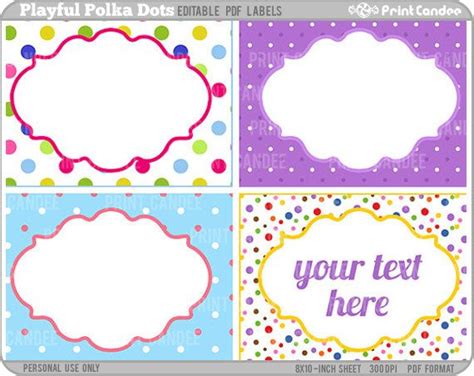 Four Different Colored Polka Dot Labels With The Words Your Text Here