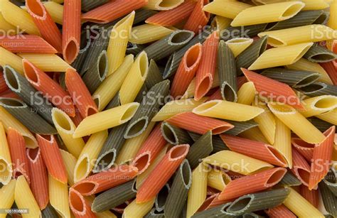 Tricolor Penne Pasta Tomato Spinach And Wheat Pastas Top View Stock