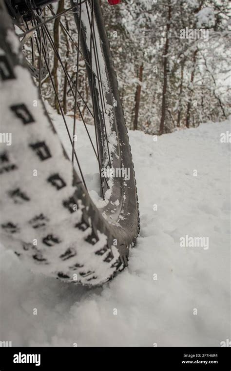 Detail Of A Mountain Bike Tire Tread Filled With Snow On A Snowy