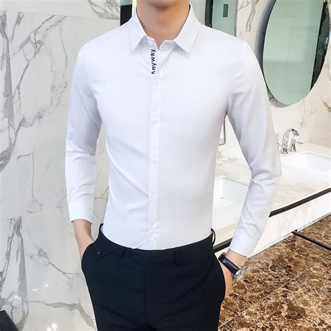 High Quality White Shirt Men Spring 2018 Slim Fit Letter Tuxedo Shirt