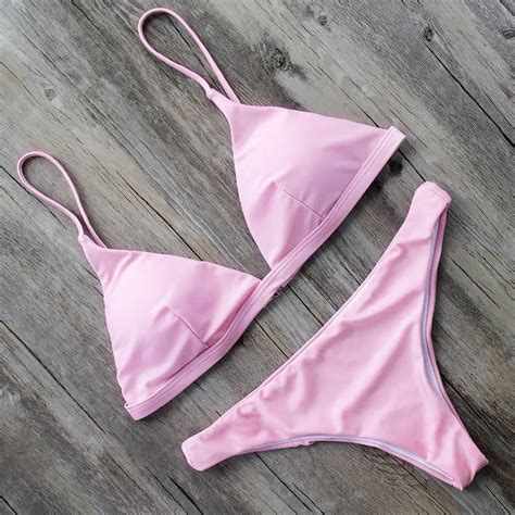 Thong Brazilian Bikini Tanga 2018 Sexy Swimsuit Solid Pink Red Swimwear Women Bathers Bathing