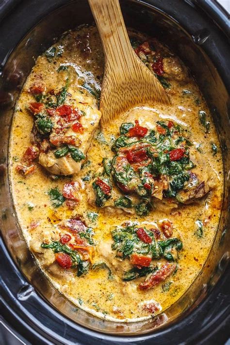 Crockpot Tuscan Garlic Chicken With Spinach And Sun Dried Tomatoes