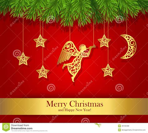 Red Christmas Greeting Card Decorated With Gold Angel Stock Vector