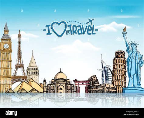 Travel And Tourism Vector Background With Famous World Landmarks In